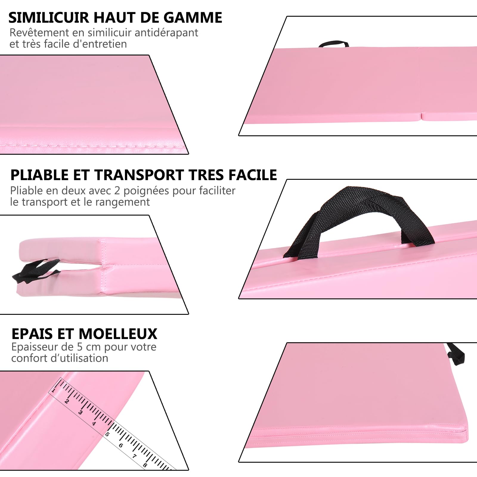 Gymnastikmatte, Yoga, Pilates, Fitness, faltbar, tragbar, hoher Komfort, 180 x 60 x 5 cm, Kunstleder