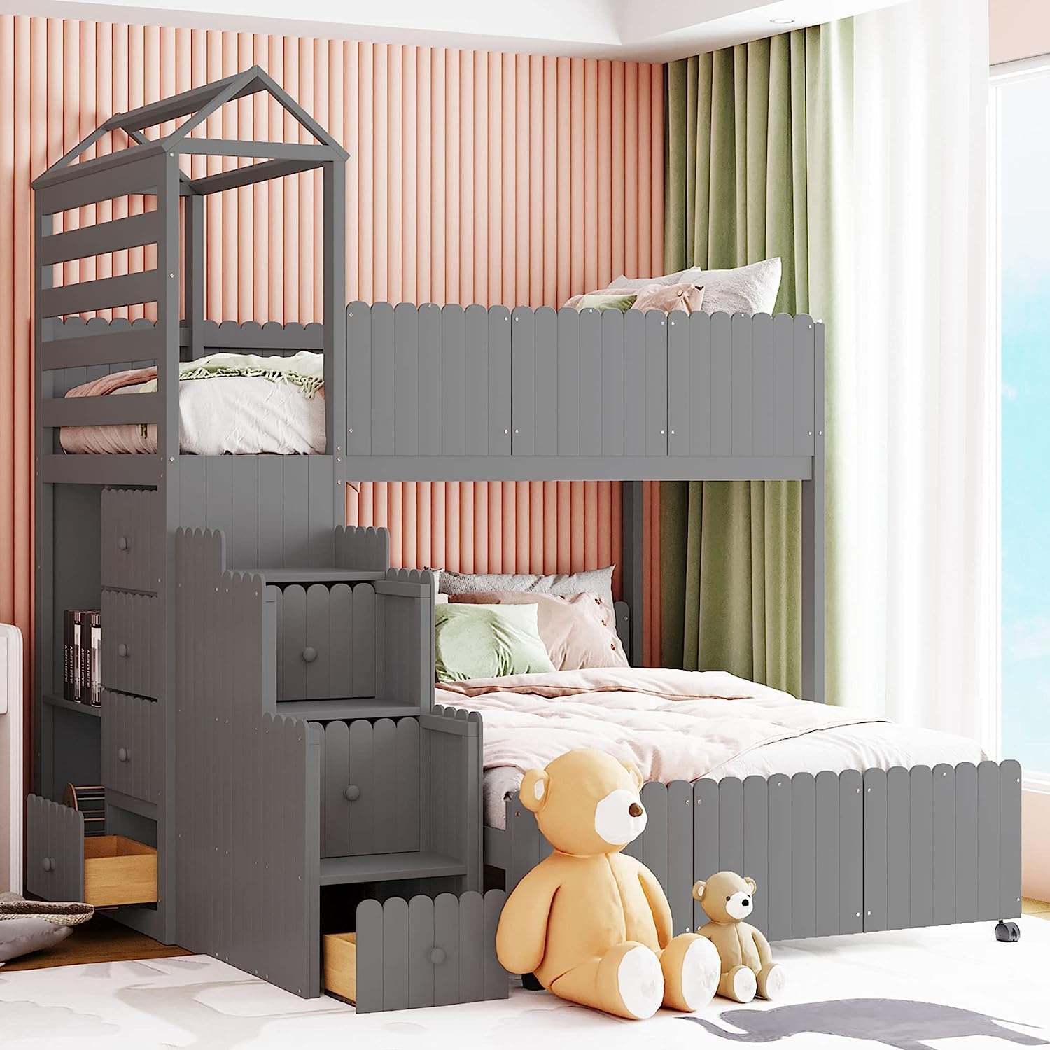 MERITLINE Bunk Beds Twin Over Full with Stairs, House Bunk Beds with 7