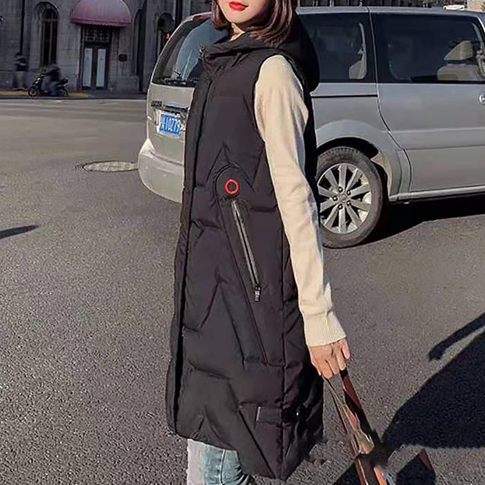 Chaleco de plumas para mujer, sin mangas, cálido, abrigo de plumón con capucha, bolsillos, chaleco acolchado largo y ligero, informal, abrigo de invierno, chaleco con capucha, chaqueta de montaña,