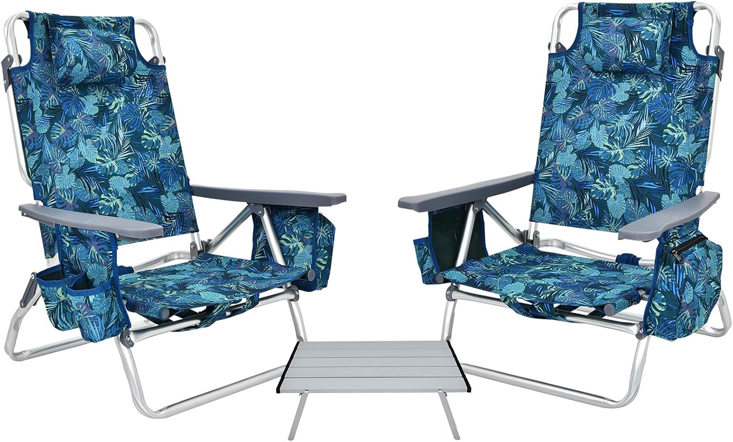 GYMAX Beach Chairs, Backpack Camping Chair with Armrest, Cooler Bag, Cup Holder, Towel Bar & Side Pockets, Sunbath Sling Tanning Lounge, Folding Layout Chair (with Table, Blue Leaves)