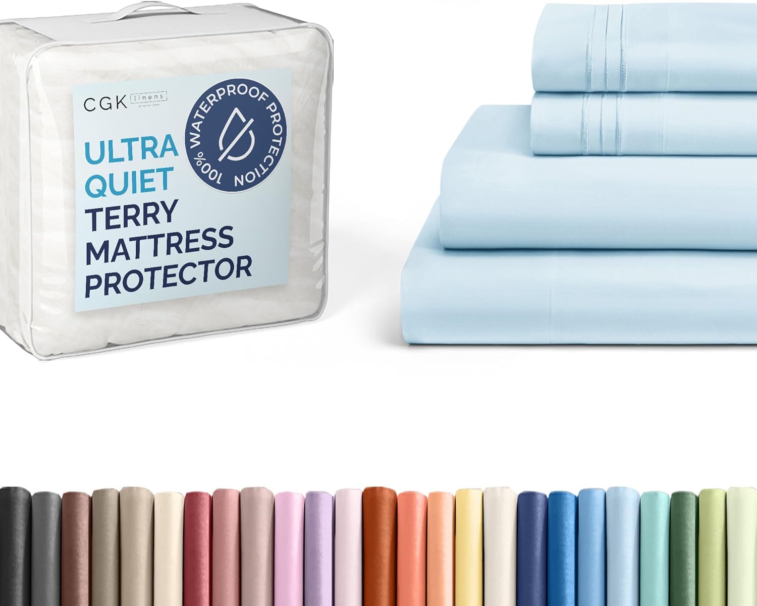 CGK Unlimited Queen Size 4 Piece Light Blue Sheet Set + Queen Size Terry Mattress Protector
