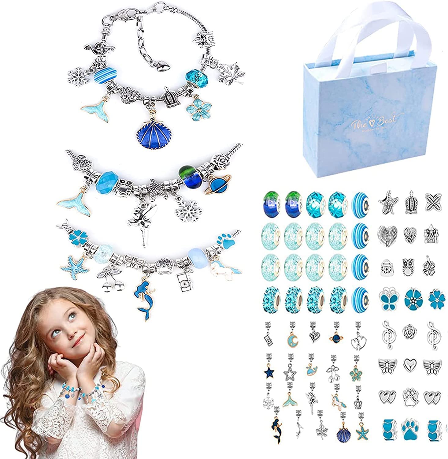 AMERTEER 63 Pieces Charm Bracelet Making Kit, Charm Bracelets Jewelry Making Kit with Beads Bracelets Charms Necklace DIY Crafts Gifts Set for Teen Girls Kids Age 5-12 (Blue)