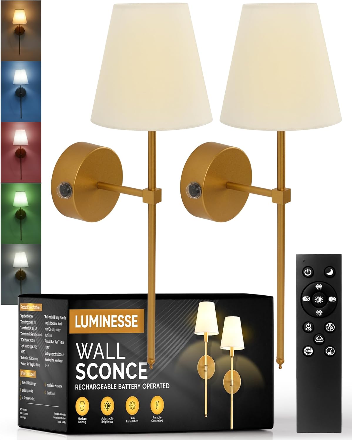 Gold Battery Operated Wall Sconces – Rechargeable & Dimmable Lighting – No Wiring Needed – Remote Control Included – 24 Inch, Set of Two