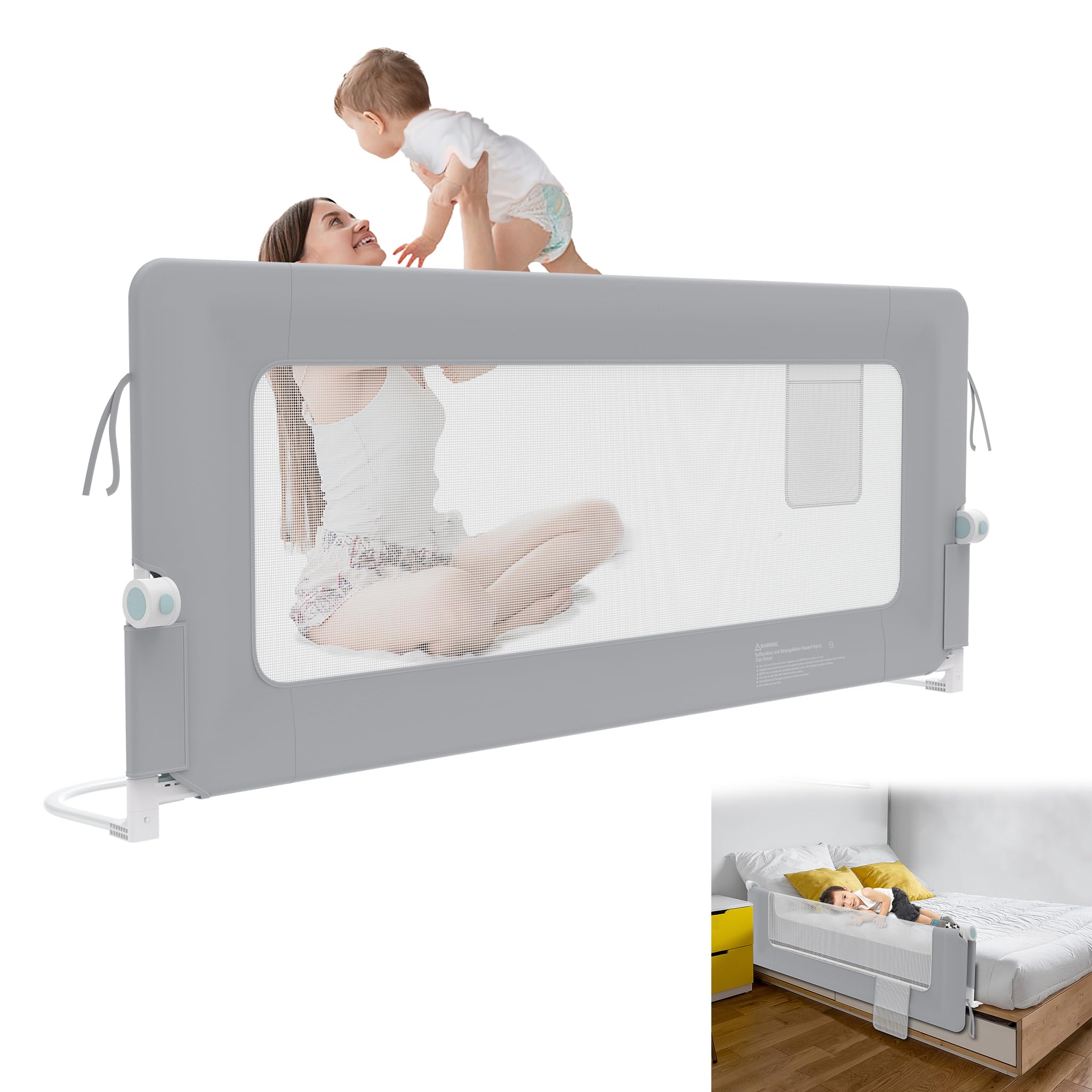 YRHome 180cm Bettgitter Rausfallschutz klappbar 180 Grad drehbar Bettschutzgitter für Kleinkinder luftiges Netz, Höhenverstellbar Rausfallschutz Bett für Kinderbett, Elternbett (Grau)