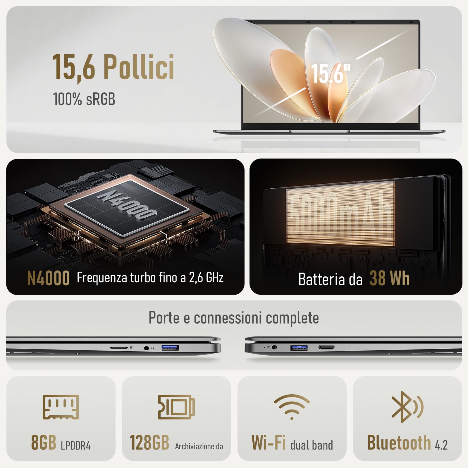Laptop 15,6" 8 GB 128 GB,PC Portatile schermo, processore N4000fino a 2.6GHz, Wi-Fi 5 dual-band, Bluetooth 4.2, USB-A, HDMI, schermo FHD 1920 x 1080 5000mAh
