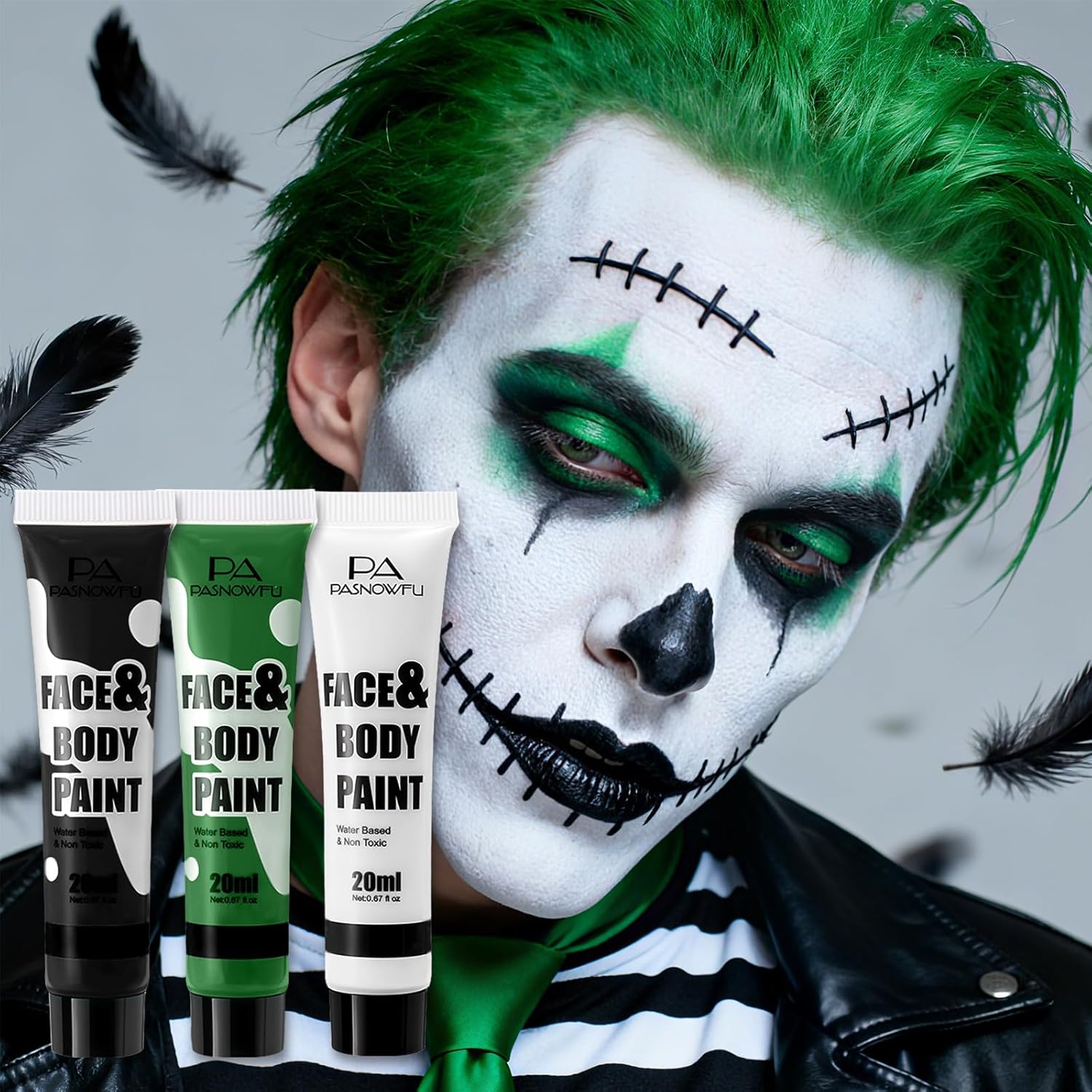 Black White and Green Face Paint - Water-Based Non-Toxic Face Body Paint Kit for Witch Hulk Makeup, Full Coverage Washable Cream for Halloween Cosplay, Costume Parties, Stage Performances - Image 2