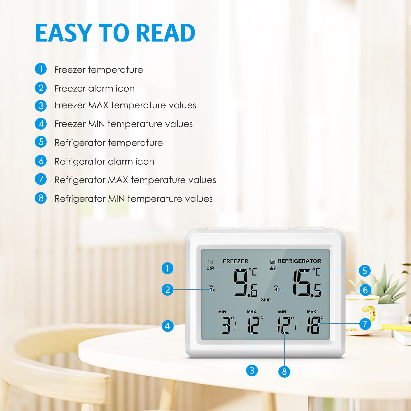 Brifit Thermomètre Frigo, Thermometre Congelateur avec 2 Capteurs, Thermometre Réfrigérateur avec Fonction Alarme et MIN/MAX, ℃/℉, Thermomètre Connecté Alarme Congélateur pour Cuisine, Maison, Bars