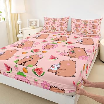 Capybara Lover Fitted Sheet, Capybara Decor Bedding Set Twin for Kids Girls Bedroom, Cartoon Rodent Animal Bed Sheets Capybara Decorations Watermelon Strawberry Sheets Kawaii Decor,Pink