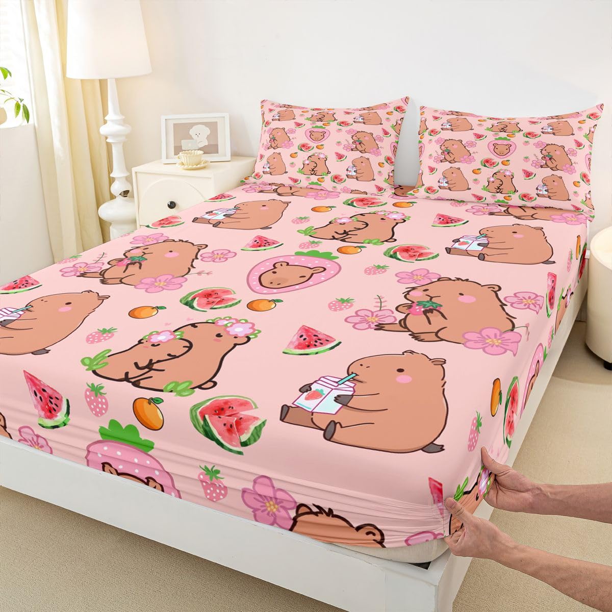 Capybara Lover Fitted Sheet, Capybara Decor Bedding Set Twin for Kids Girls Bedroom, Cartoon Rodent Animal Bed Sheets Capybara Decorations Watermelon