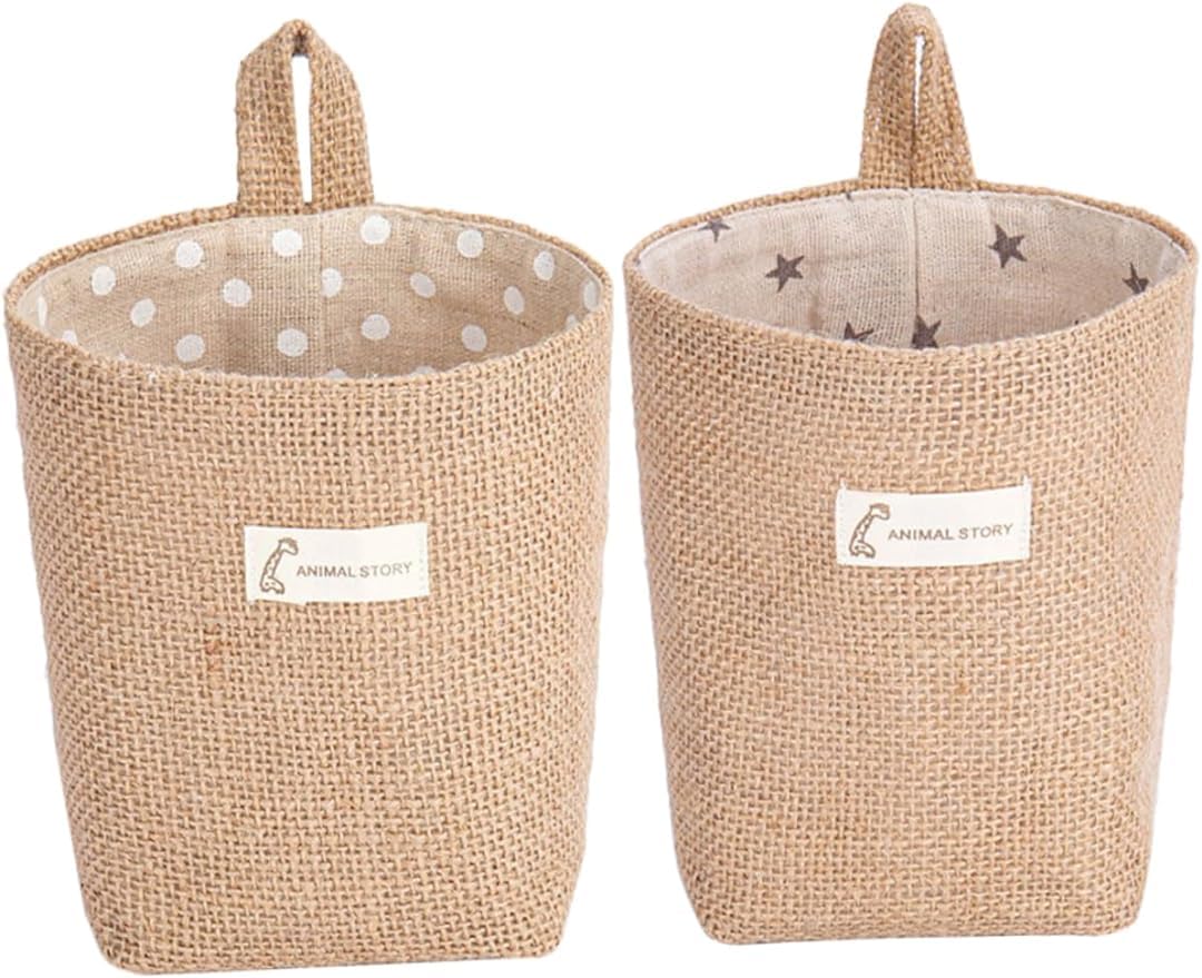 6 Mini Sacchetti Portaoggetti In Cotone E Lino Da Appendere - Cestini Organizer Pieghevoli Per Parete O Porta - 3