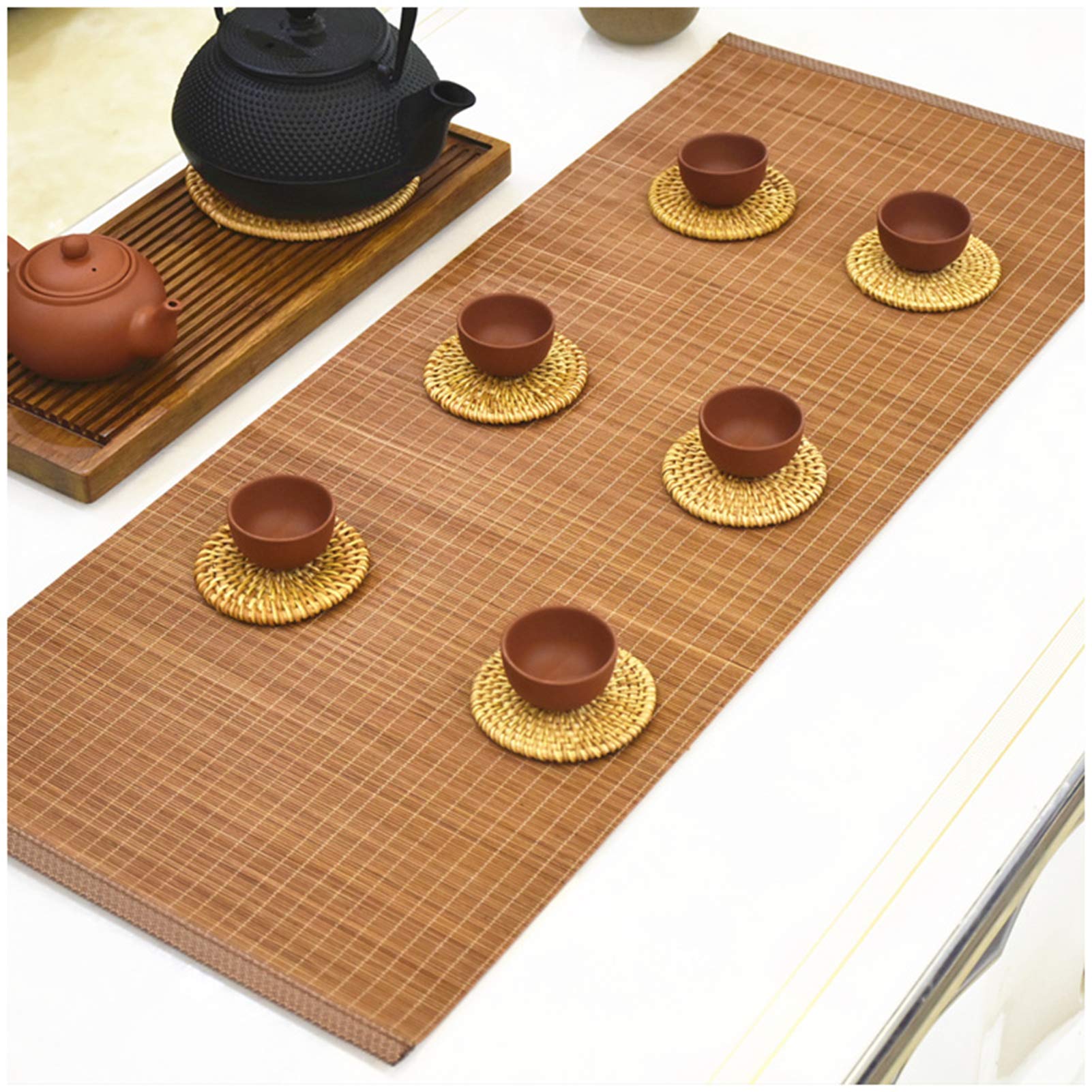 Chemin de Table en Bambou, Bambou Naturel avec Bordure en Tissu, napperon antidérapant, napperons de décoration de Table d'hôtel de fête, Rideau en Bambou ombragé(30x60cm)