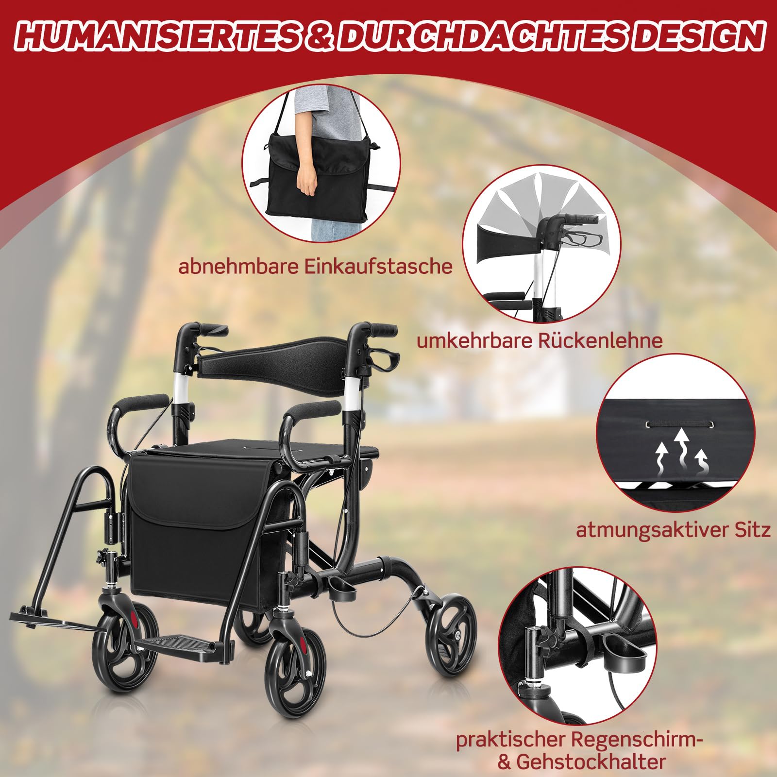 RELAX4LIFE 2-in-1 Rollstuhl Rollator Faltbar und Leicht mit Sitz, Rollatoren 6-fach höhenverstellbar, Leichtgewicht Reiserollator Aluminium, Gehhilfe mit Gummireifen, Tasche, Stockhalter (Schwarz)
