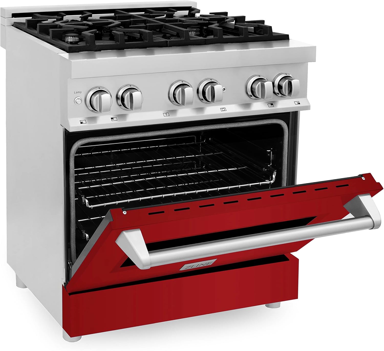 ZLINE 30 in. 4.0 cu. ft. Legacy Dual Fuel Range with 4 Burner Gas Cooktop and Electric Convection Oven in Stainless Steel and Red Gloss Door (RA-RG-30)