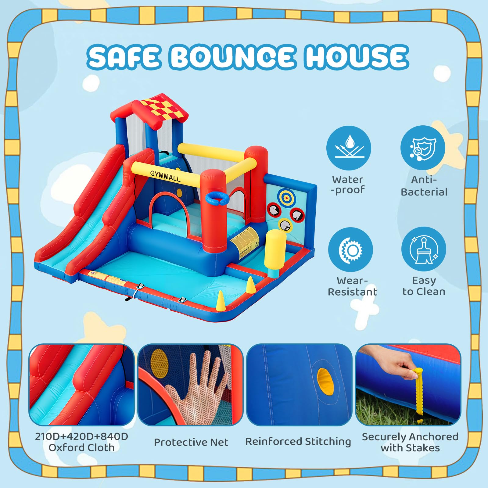 Castello Gonfiabile per Bambini – Gioco Multifunzione 8 in 1 con Scivolo, Parete da Arrampicata, Trampolino e Ventilatore 370W, Ideale per Uso Interno ed Esterno