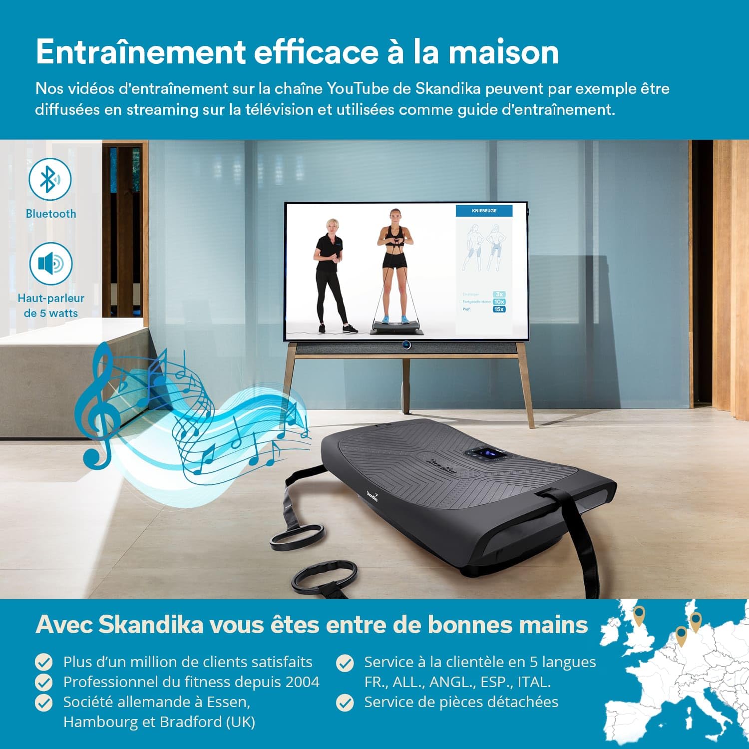 Skandika Platforma wibracyjna 4D V3000 | Zakrzywiona platforma wibracyjna, technologia Smart LED, trening wideo, głośnik Bluetooth i paski treningowe | Domowe urządzenie fitness