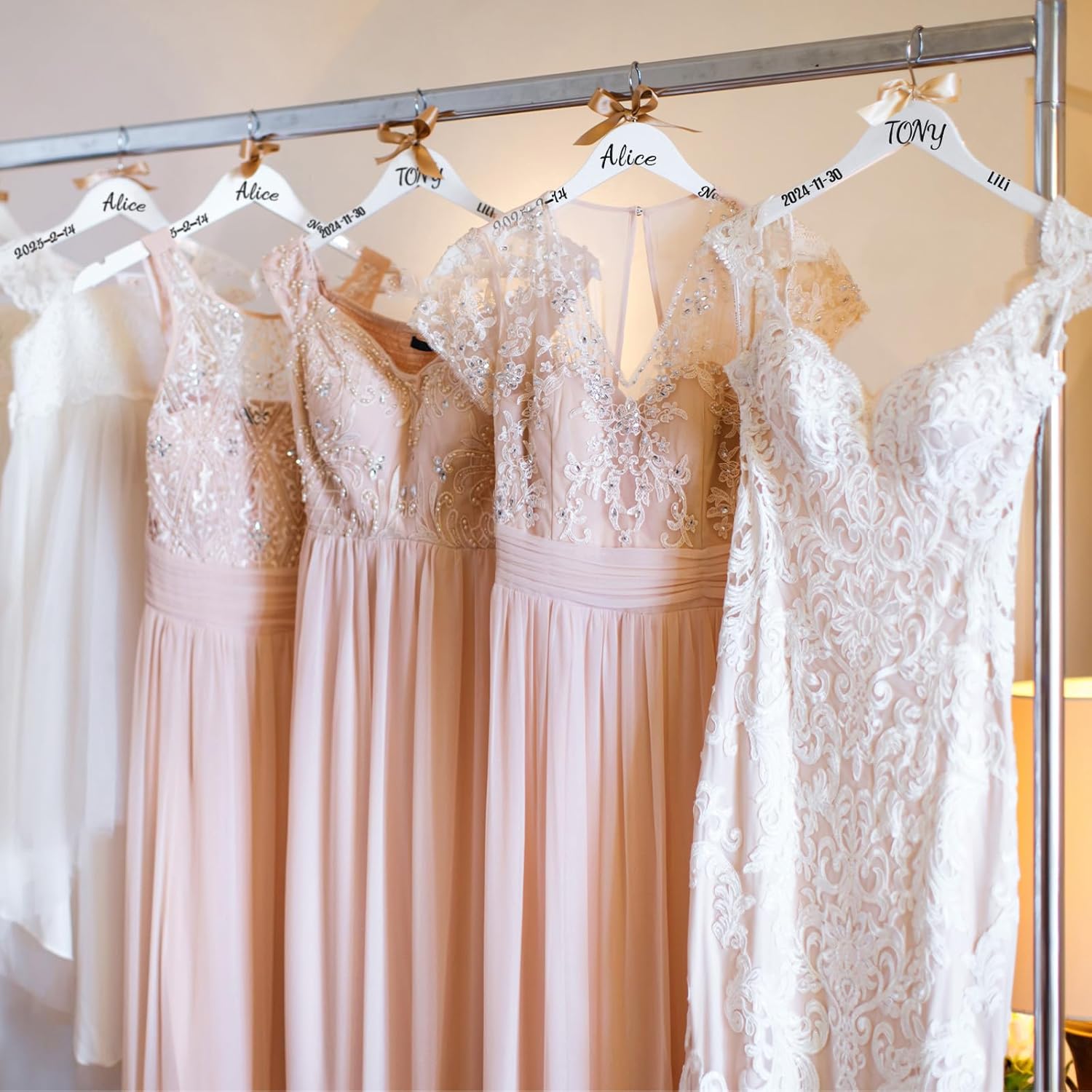 Colingmill Personalized Bride Hanger for Wedding Dress, Wooden Bridesmaid Hangers 10 Pack and 15 Pcs Letter Stickers for Tuxedo Suit Wedding Gift Bridal Party Shower DIY Special Names Dates (White)