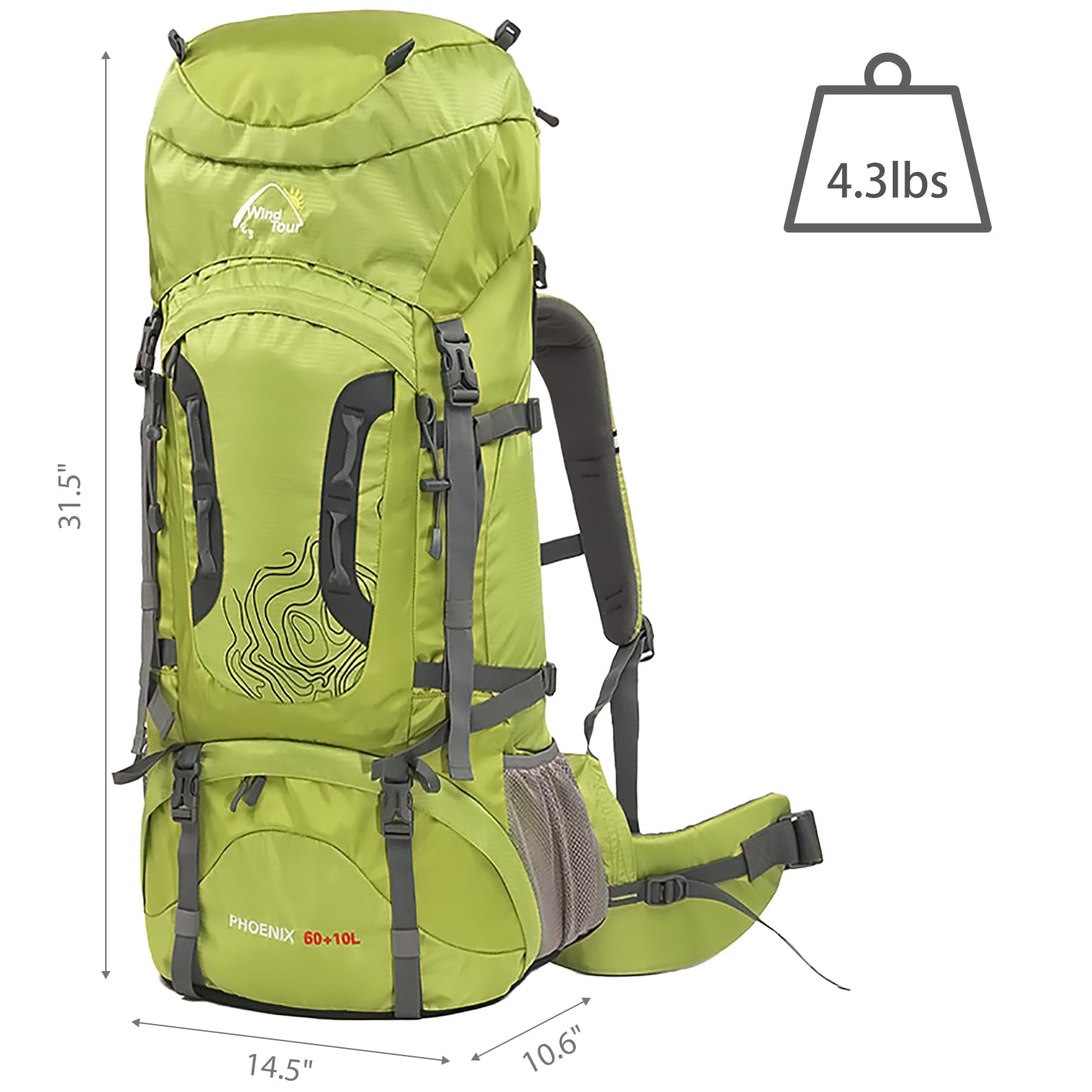 Wind Tour Outdoor 60L Mochila ligera Ripstop impermeable Trekking Bolsa Durable Sport Daypack con cubierta de lluvia para escalada senderismo ciclismo alpinismo (verde)