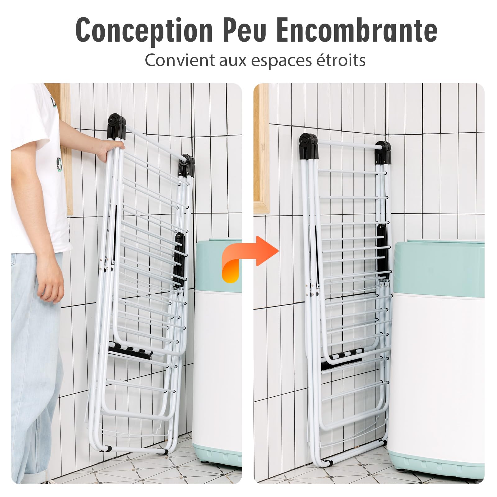 COSTWAY Sechoir à Linge Pliable, Etendoir Linge Interieur en Acier 2 Niveaux, Tancarville Linge Solide avec 33 Barres, 26 Pinces à Chaussettes, Seche Linge Intérieur Extérieur