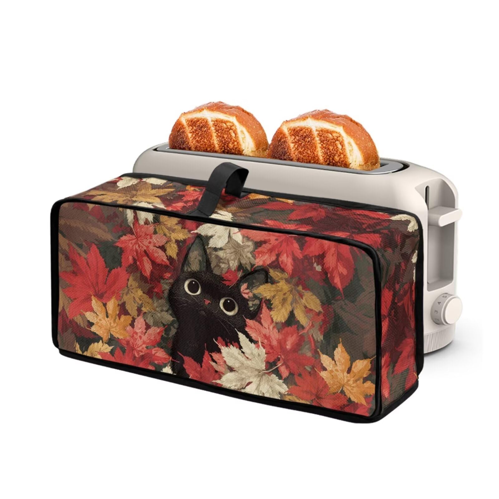 Maple Leaf Cute Cat Thin Toaster Cover Universal Fit 2 Slice Long Slot Toaster Bread Maker Oven Dust Cover with Top Handle Keep Kitchen Small Appliance Clean and Tidy