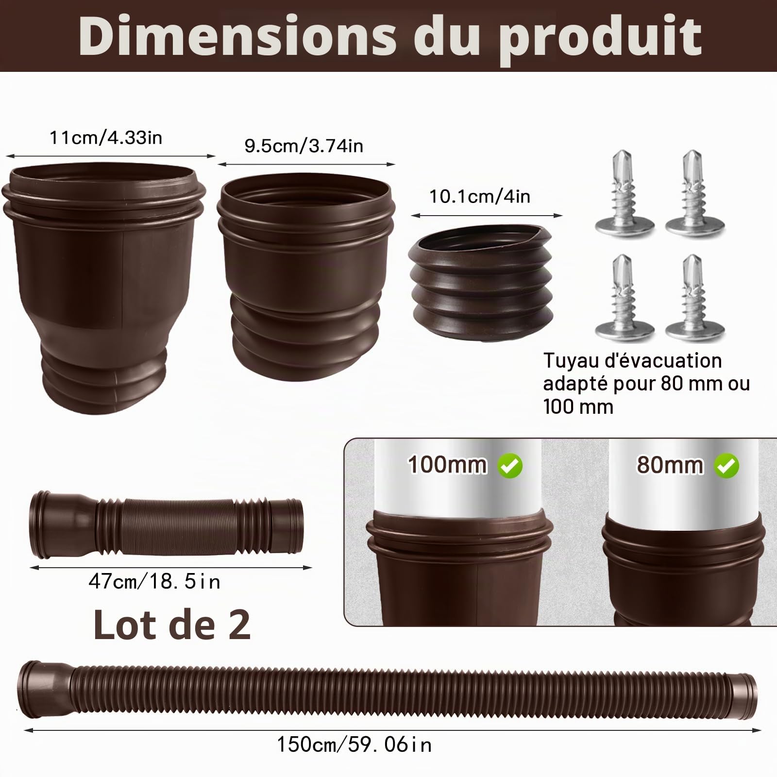 Extension de gouttière flexible, ronde, pour tuyau de descente de 80/100 mm, extensible de 47 à 150 cm, 2 pièces (brun)