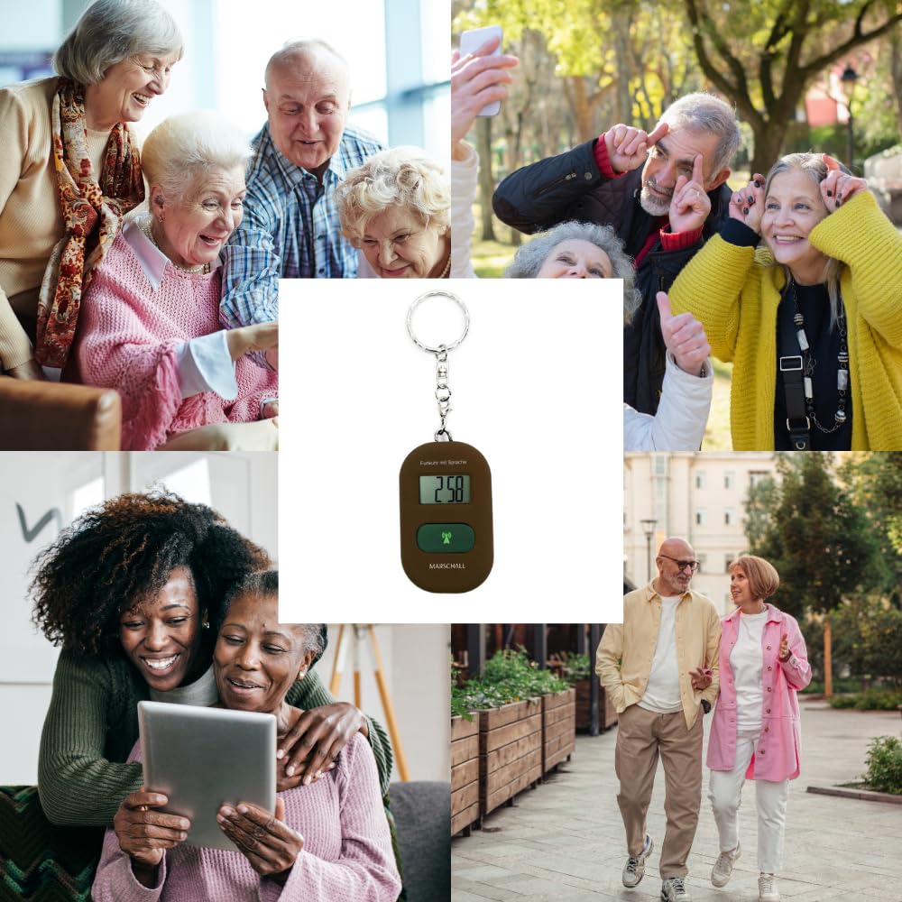 Marschall Schlüsselanhänger Deutsch sprechende Funkuhr I 1117B I Umhängeuhr Braun I Extra Laute Sprachausgabe I Großes LCD Display I Perfekt für Senioren, Blinde und Demenzkranke