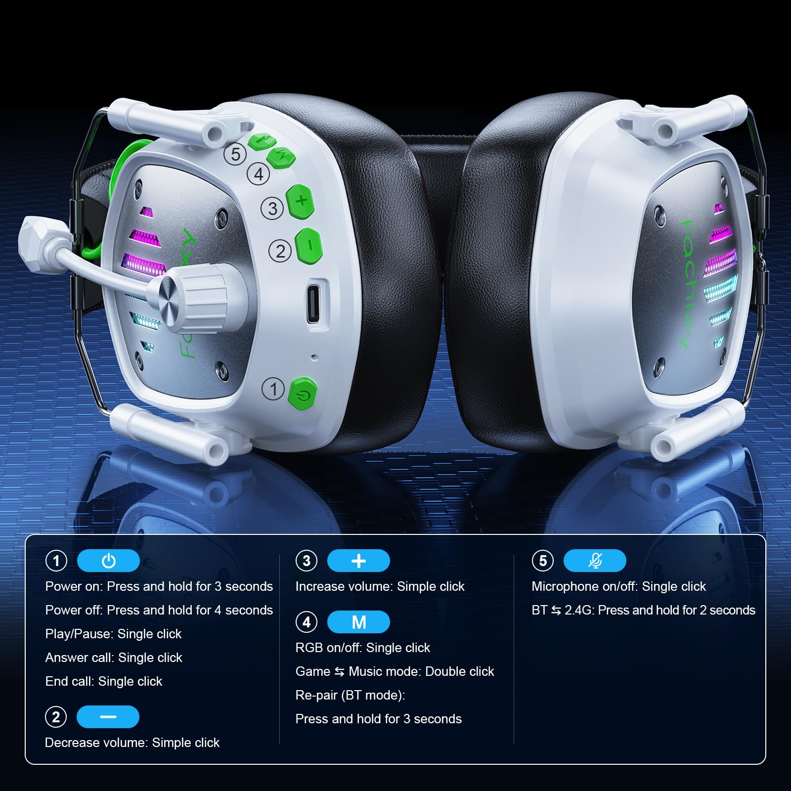 Fachixy Cuffie da gioco wireless per PS4, PS5, Switch, PC, Mac, laptop, 60H, 2,4 GHz, con microfono a cancellazione del rumore, cuffie Bluetooth senza fili con luci LED, suono surround