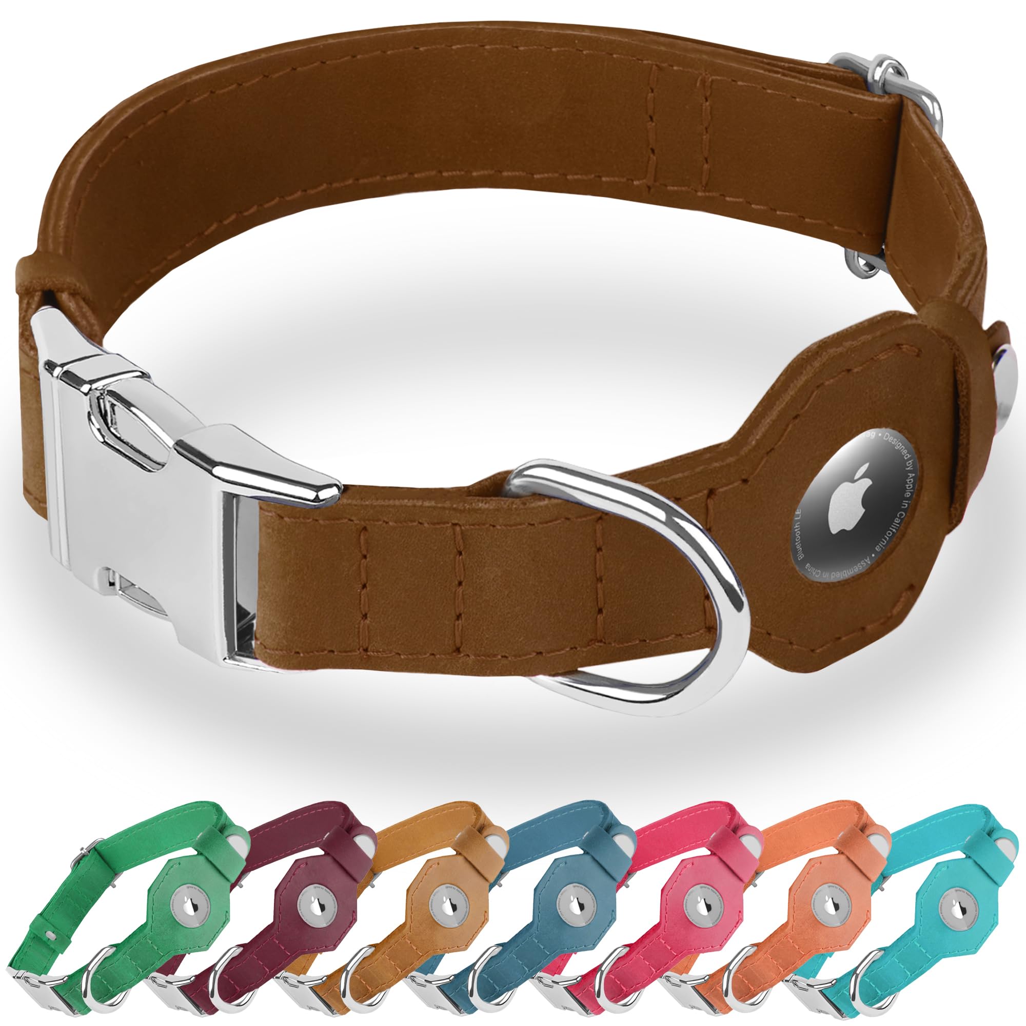 Collier pour chien en cuir avec support AirTag, collier souple et réglable avec boucle en métal, suivi GPS Apple Air Tag pour chiens de petite et grande taille (marron, L, tour de cou de 43,2 à