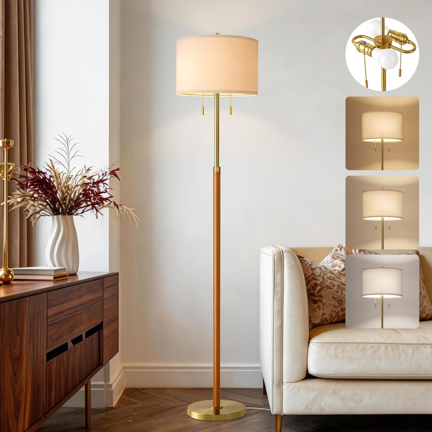 61" Wood Floor Lamp for Living Room 2-Light Standing Tall Lamps Mid Century Modern Floor Lamps for Bedroom Office Nursery Corner Industrial Reading Room Lamp, 3 Color Temperatures 9W Bulbs Included