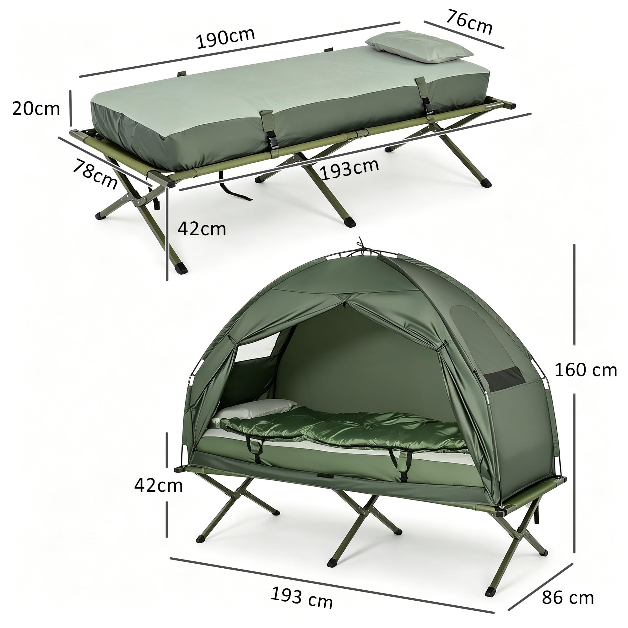 Outsunny SoBuy Feldbett mit Zelt Wurfzelt mit Luftpumpe, Matratze, Tragetasche, Schlafsack, Wasserdichtes Campingbett Extra Breit Outdoor Campingliege Dunkelgrün 193x86x160 cm bis 114 kg