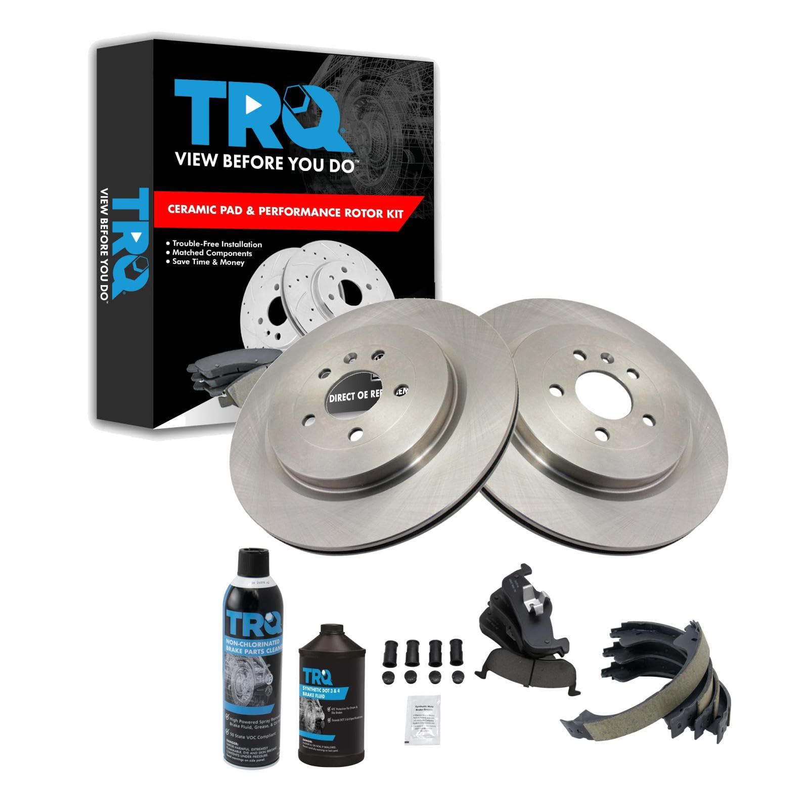 TRQ Rear Brake Pad &amp; Rotor Kit, with Chemical Kit Parking Brake Shoe Set Ceramic Compatible with 2013-2018 Lincoln MKT