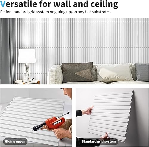 Miniatura 5 de Art3d Panel De Pared De Listones, Panel De Textura Estriado 3D 12-Azulejos 19.7 x 19.7 Pulgadas - Blanco
