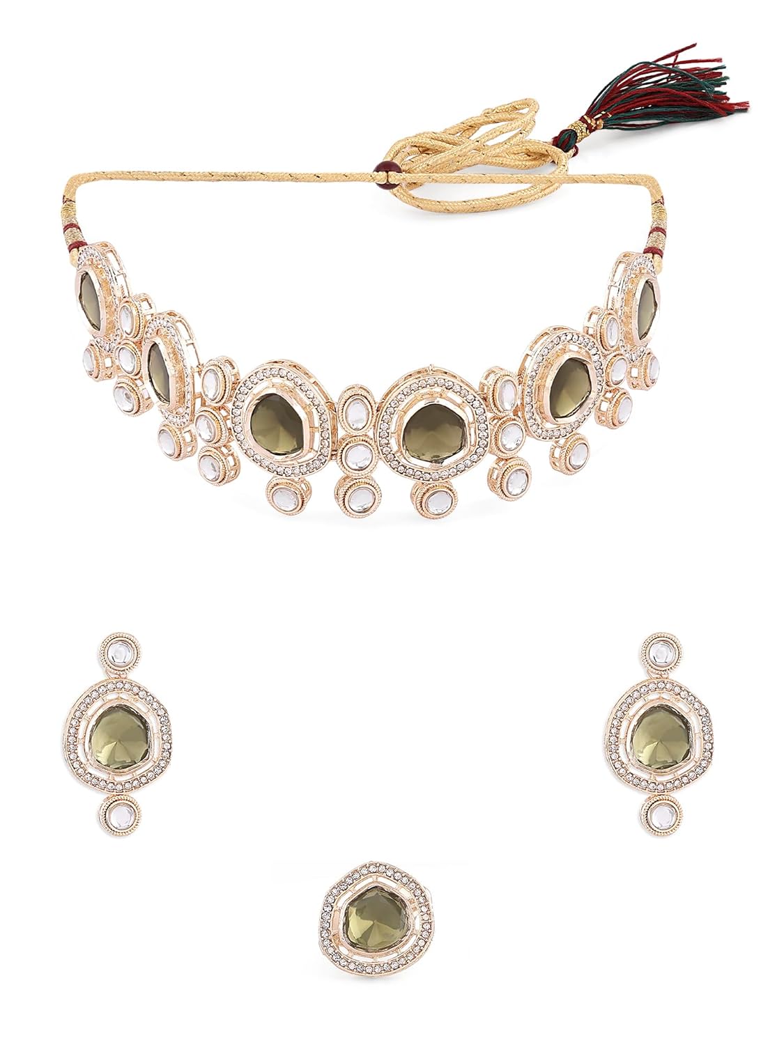 ZAVERI PEARLS Green Kundan & Austrain Diamonds Choker Necklace Earring & Ring Set For Women-ZPFK16631