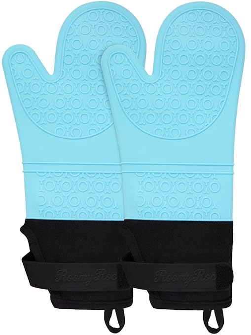 RoomyRoc Silicone Oven Mitts with Adjustable Cuff, Oven Mitt with Non-Slip Grip?and Thicker Quilted Liner, Heat Resistant Pot Holders, Extra Long Professional Soft Oven Gloves,?Aqua, 1 Pair, 14.7 Inch