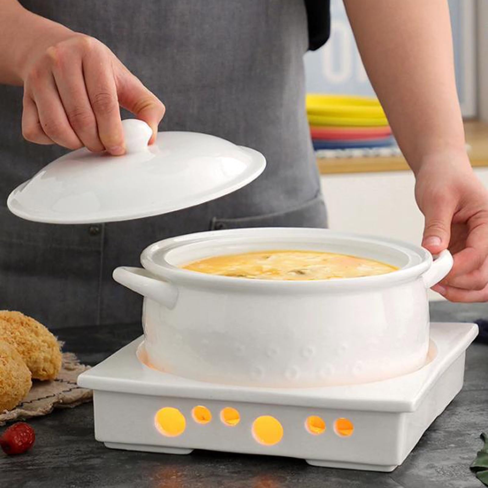 Zuppiera grande in ceramica con coperchio, ciotola a doppia maniglia, decorazione per la casa per la cucina del ristorante