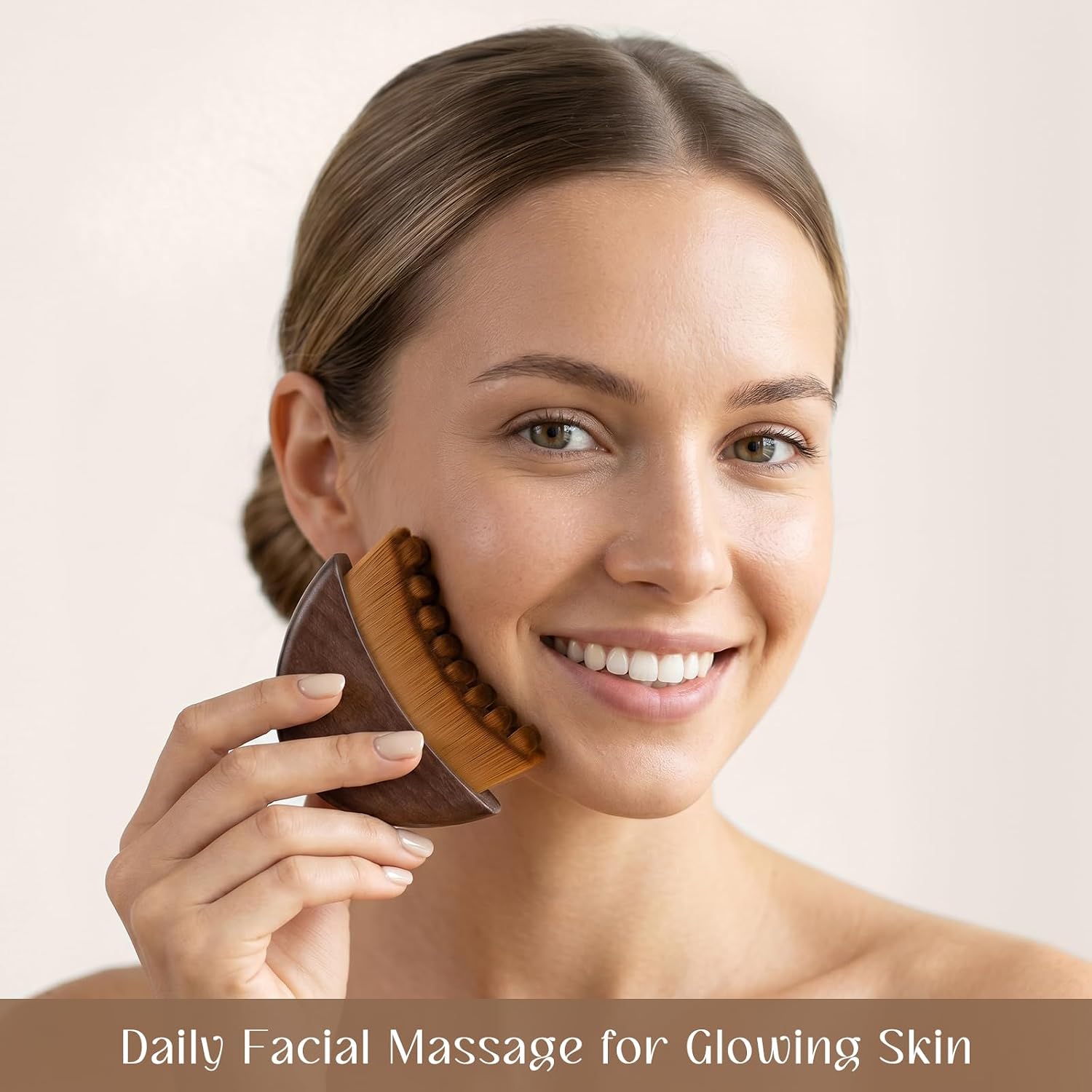 Lymphatic Contour Face Brush - Wooden Handle Curved Bristle Facial Contour Massager - Guasha Style Dry Brushing Tool for Puffiness - Sculpting Soft Light Brown image 3