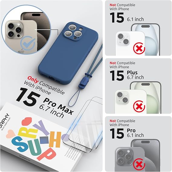SURPHY Designed for iPhone 15 Pro Max Case with Screen Protector and Lanyard, Phone Strap and Liquid Silicone Phone Case (Camera Protective & Soft Microfiber Lining) 6.7 inch 2023, Blue Jay