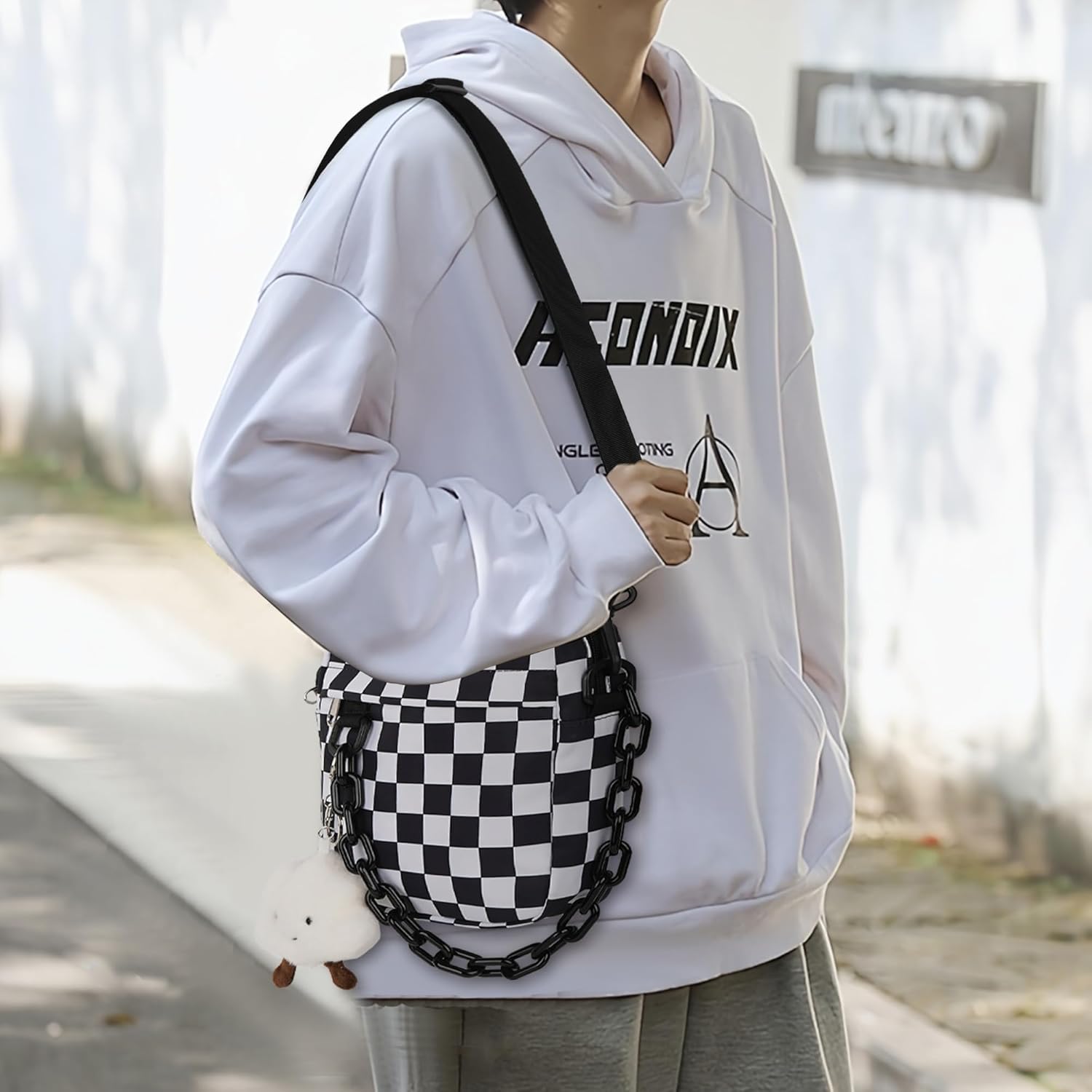 Small Crossbody Messenger Bag for Women Men, Cute Nylon Shoulder Purse Bag with Detachable White Cloud Pendant, Checkered - Image 3