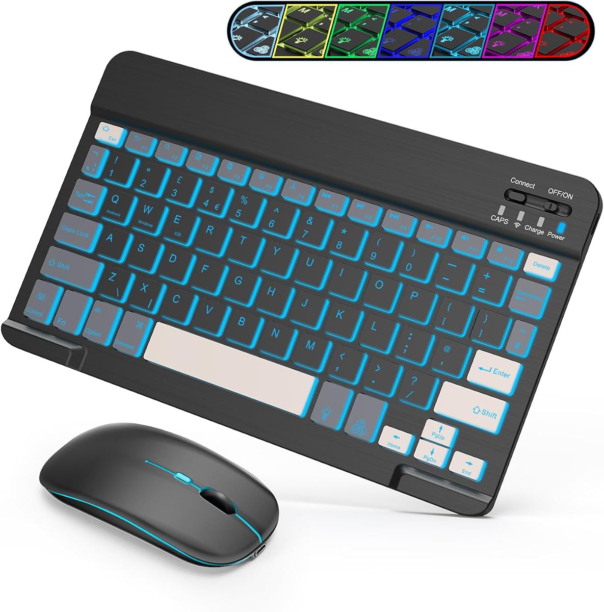 SOPPY Mini teclado y ratón Bluetooth con retroiluminación, portátil recargable para viajes, inalámbrico, para iPad/Samsung Tab/Lenovo Tab/iOS/Android/Windows, diseño de EE. UU. (gris+negro)