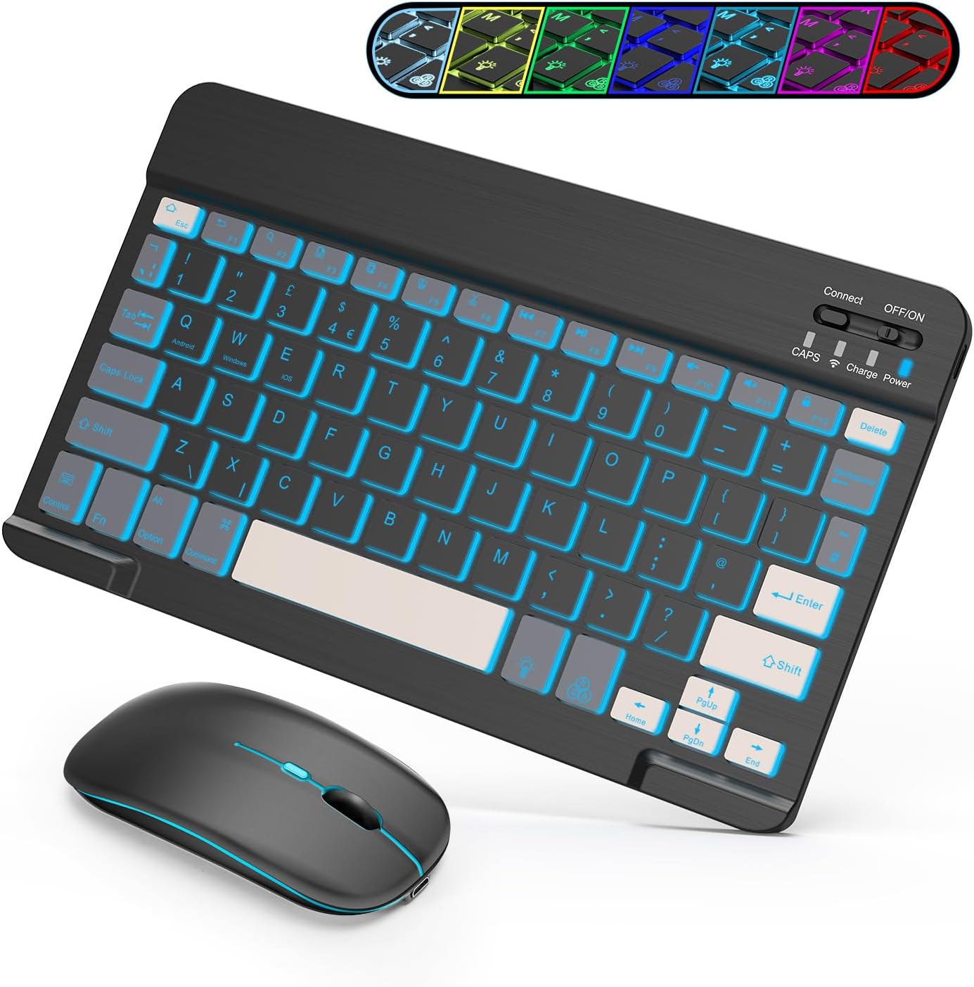 SOPPY Mini Bluetooth Keyboard and Mouse with Backlight, Rechargeable Portable for Travel, Wireless, for iPad/Samsung Tab/Lenovo Tab/iOS/Android/Windows, US Layout (Grey+Black)