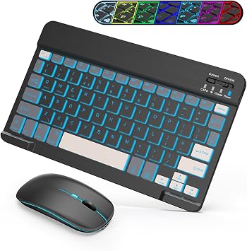 SOPPY Mini Bluetooth Keyboard and Mouse with Backlight, Rechargeable Portable for Travel, Wireless, for iPad/Samsung Tab/Lenovo Tab/iOS/Android/Windows, US Layout Grey+Black