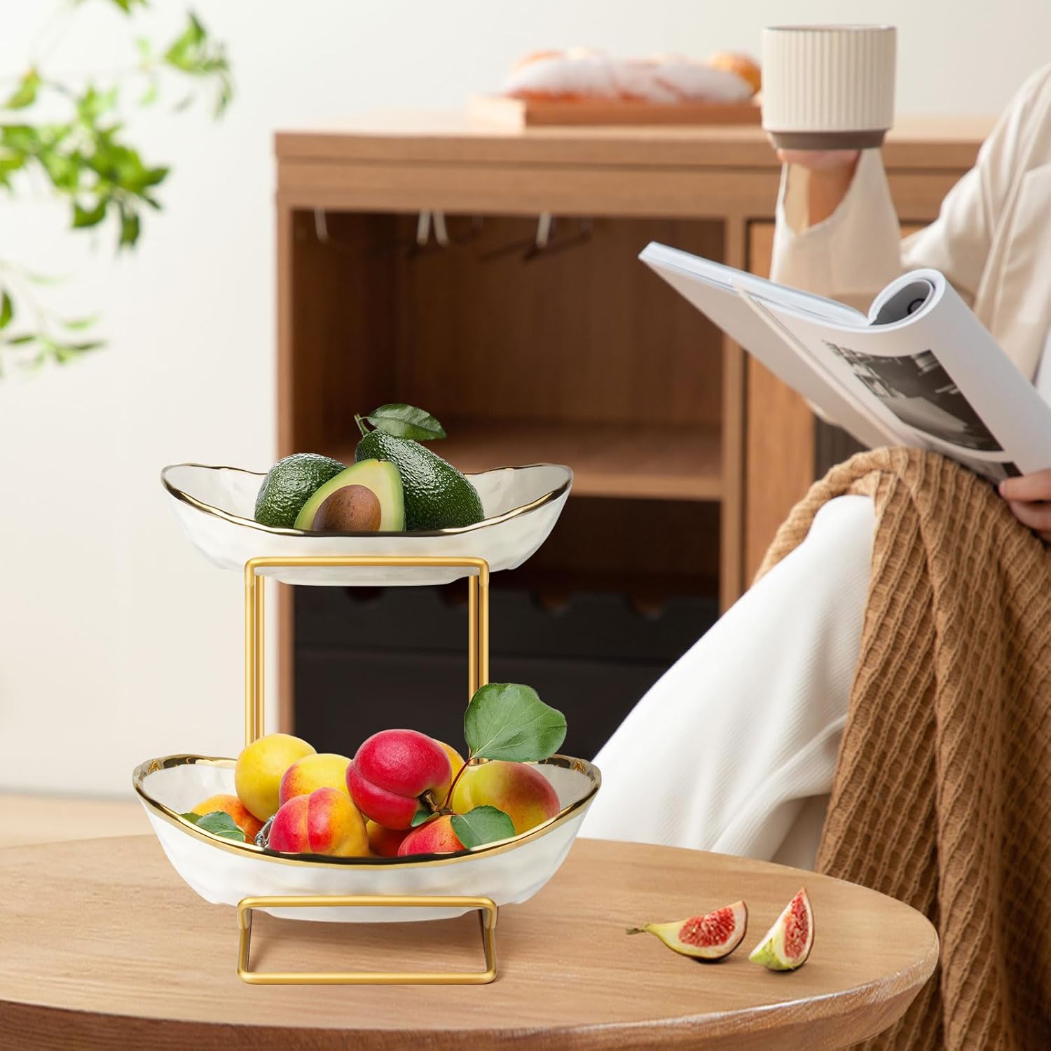 Fruit Bowl for Kitchen Counter, 2 Tier Fruit Basket for Counter, Ceramic Fruit tray, Tiered Holder with Metal Stand, Modern Detachable Rack for Vegetable Snack Dessert Storage (Gold&White)