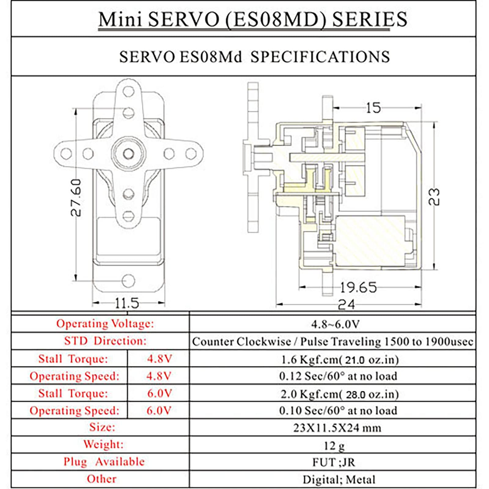 Tiny Hawk EMAX ES08MD II Servo Numérique 12G/2.0KG/Micro Engrenage en Métal Servo Haute Vitesse pour Commandes de Robot de Voiture de Bateau d'avion d'hélicoptère RC