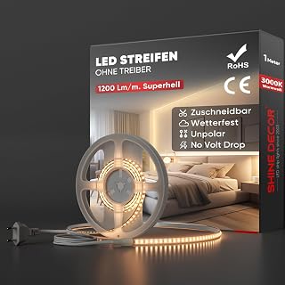 Shine Decor LED Streifen 1m, AC 220V 230V IP65 Wasserdicht LED Band, SMD 2835 120 leds/m Ultrahohe Helligkeit Lichtleiste für Küche Garten LED Beleuchtung (1M, Warmweiß, CE Zertifiziert)