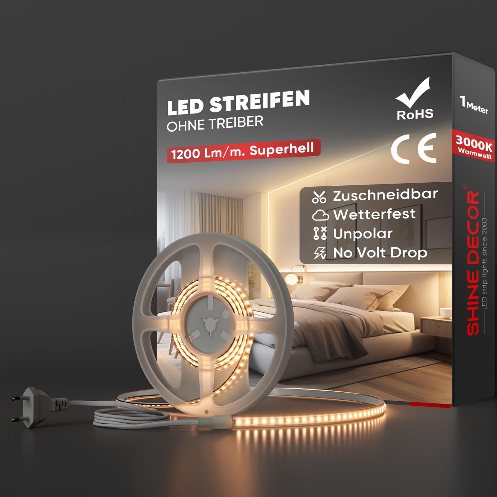 Shine Decor LED Streifen, AC 220V 230V IP65 Wasserdicht LED Band, SMD 2835 120 leds/m Ultrahohe Helligkeit Lichtleiste für Home Decoration Küche Garten LED Beleuchtung
