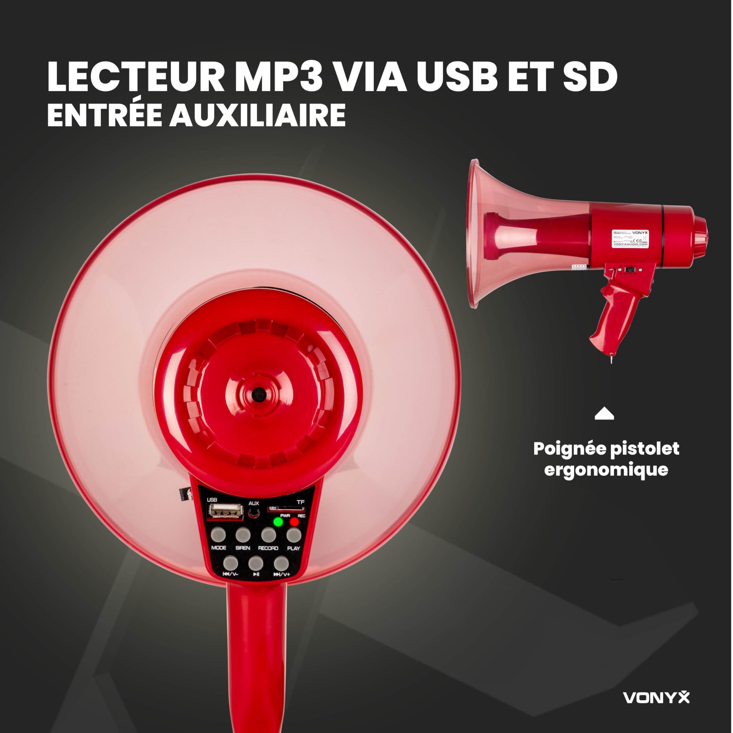 VONYX MEG050L Mégaphone avec Lampe Torche 50W, Idéal pour Manifestations et Matchs Sportifs - Jusqu’à 1 km, Bluetooth & Lecteur MP3, Poignée avec Dragonne, Imperméable
