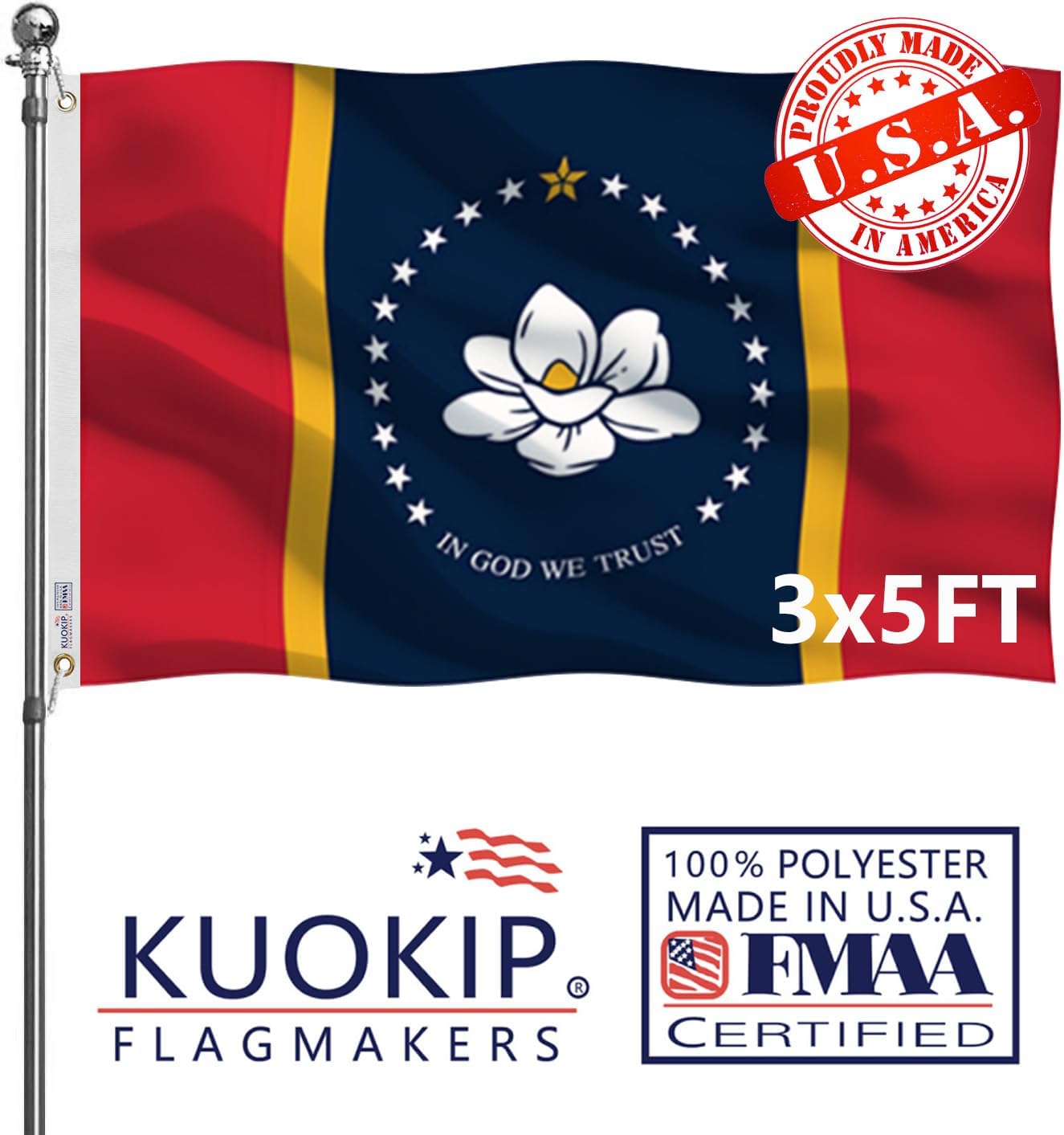 Double Sided Mississippi State Flag 3x5 Made in USA Outdoor Heavy Duty 3 Ply Polyester New Mississippi MS Flags with White Starting Tape and 2 Brass Grommets
