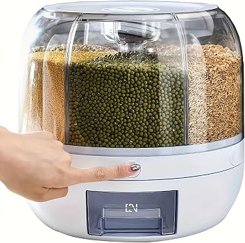 Rotating grain storage container, 6-compartment rice and grain storage container, 360   rotating food dispenser, used for storing rice, legumes, grain food with box lid, moisture-proof, white