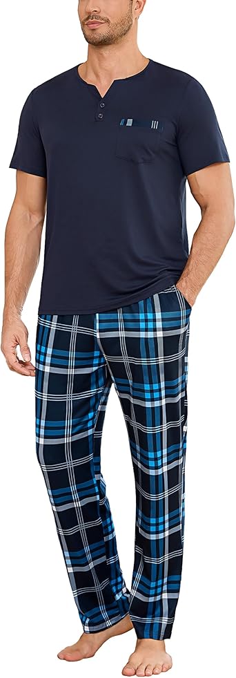 Bresdk Mens Pyjamas Set Short Sleeve Pjs Loungewear with Check Pants V Neck Nightwear Sleepwear