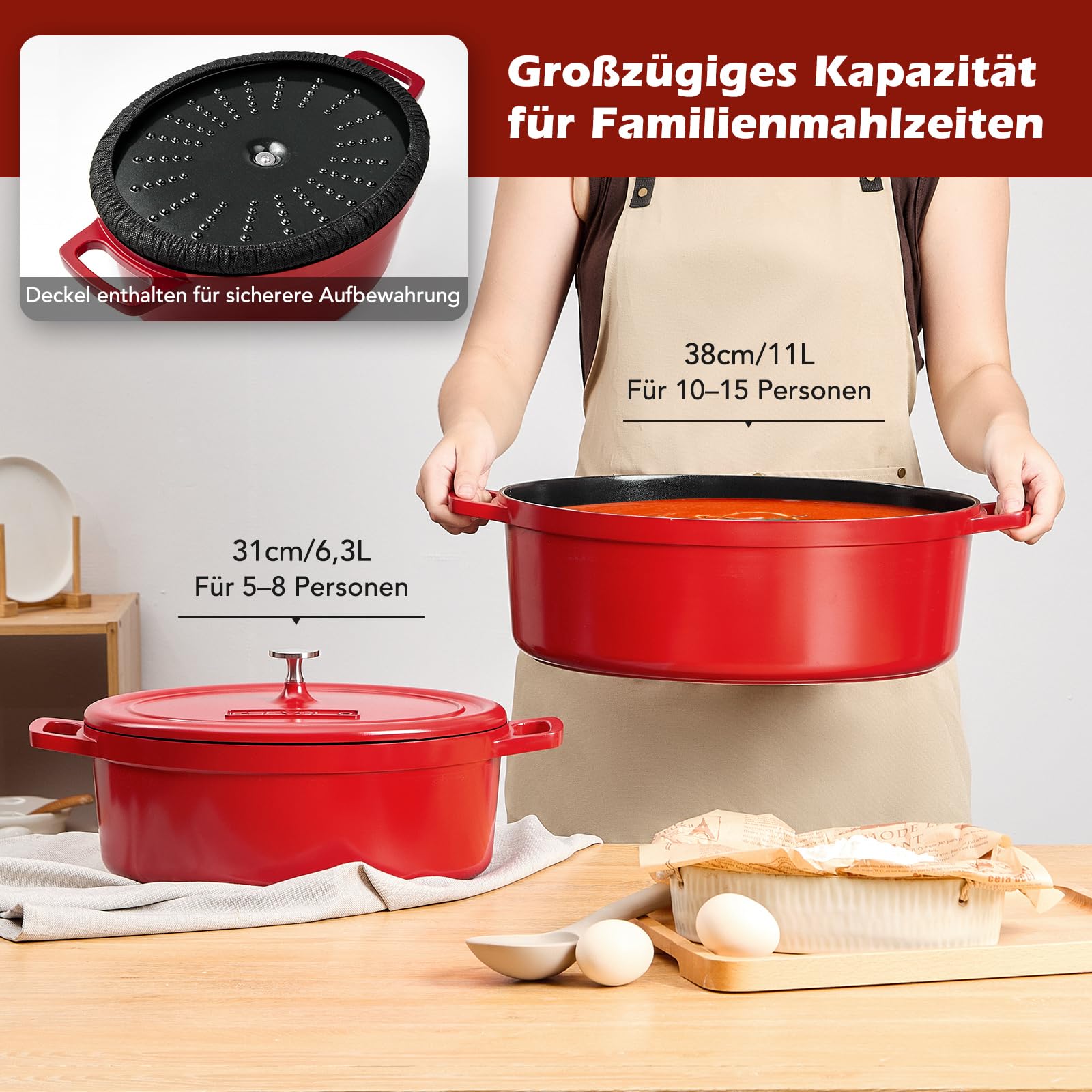 Bräter Oval mit Deckel groß Schmortopf Induktion 38 cm 11 L Brot Backen Dutch Oven Stil, leichter als Gusseisen Topf, Aluguss mit Keramik-antihaftbeschichtung, für Schmoren Braten, Rot