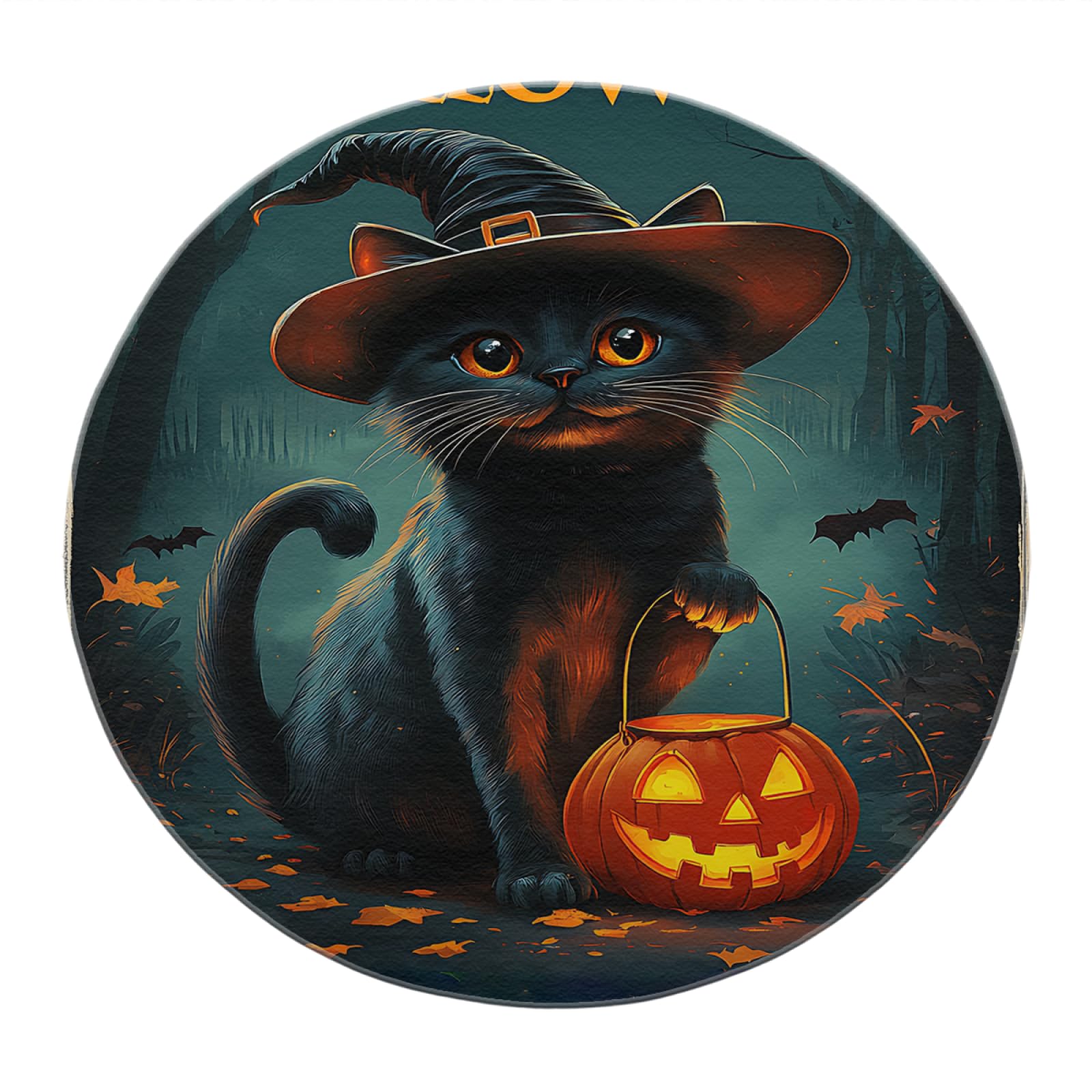 Tapis d'Halloween sorcière et chat noir sous table basse pour salon cosy Dark Academia 150cm